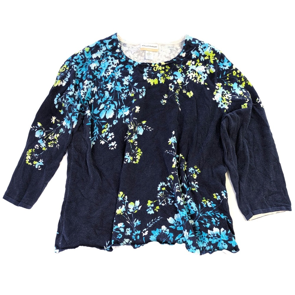 Alfred Dunner Woman Navy Blue Floral Rhinestone Cotton Knit Sweater 1X